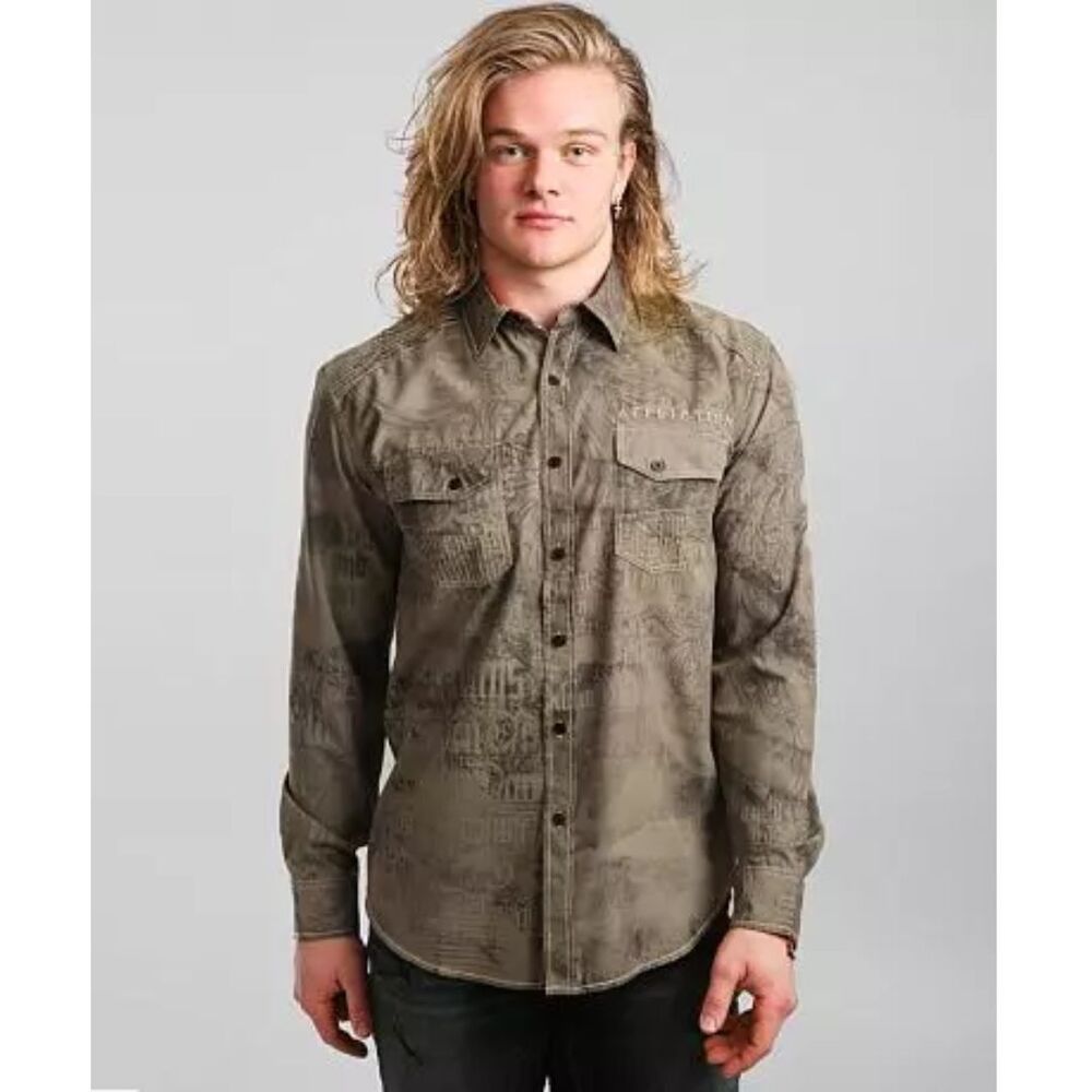 Affliction Black Label Kinship Skull Button Shirt Size 3XL Embroidered Applique